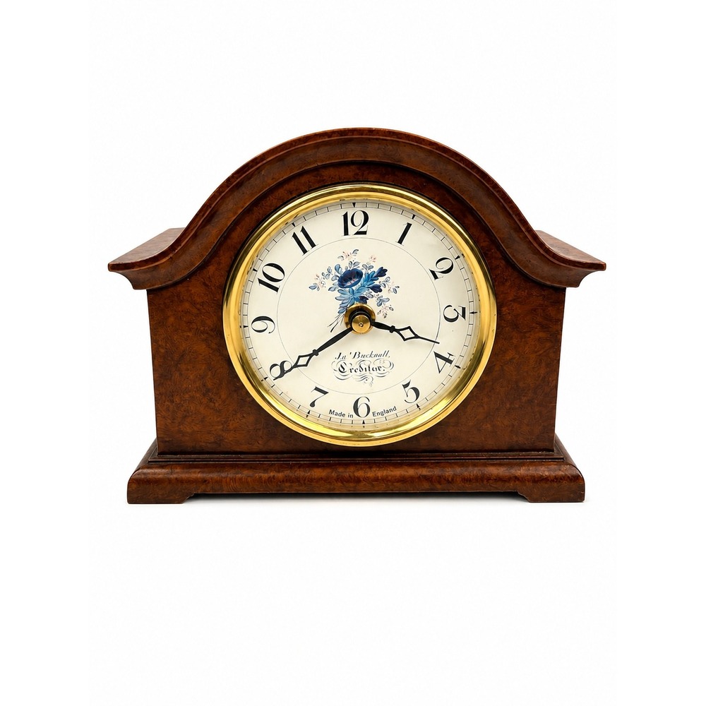 Vintage Ja's Bucknell Crediton England Mini Mantel Clock Working Burl Wood 5"